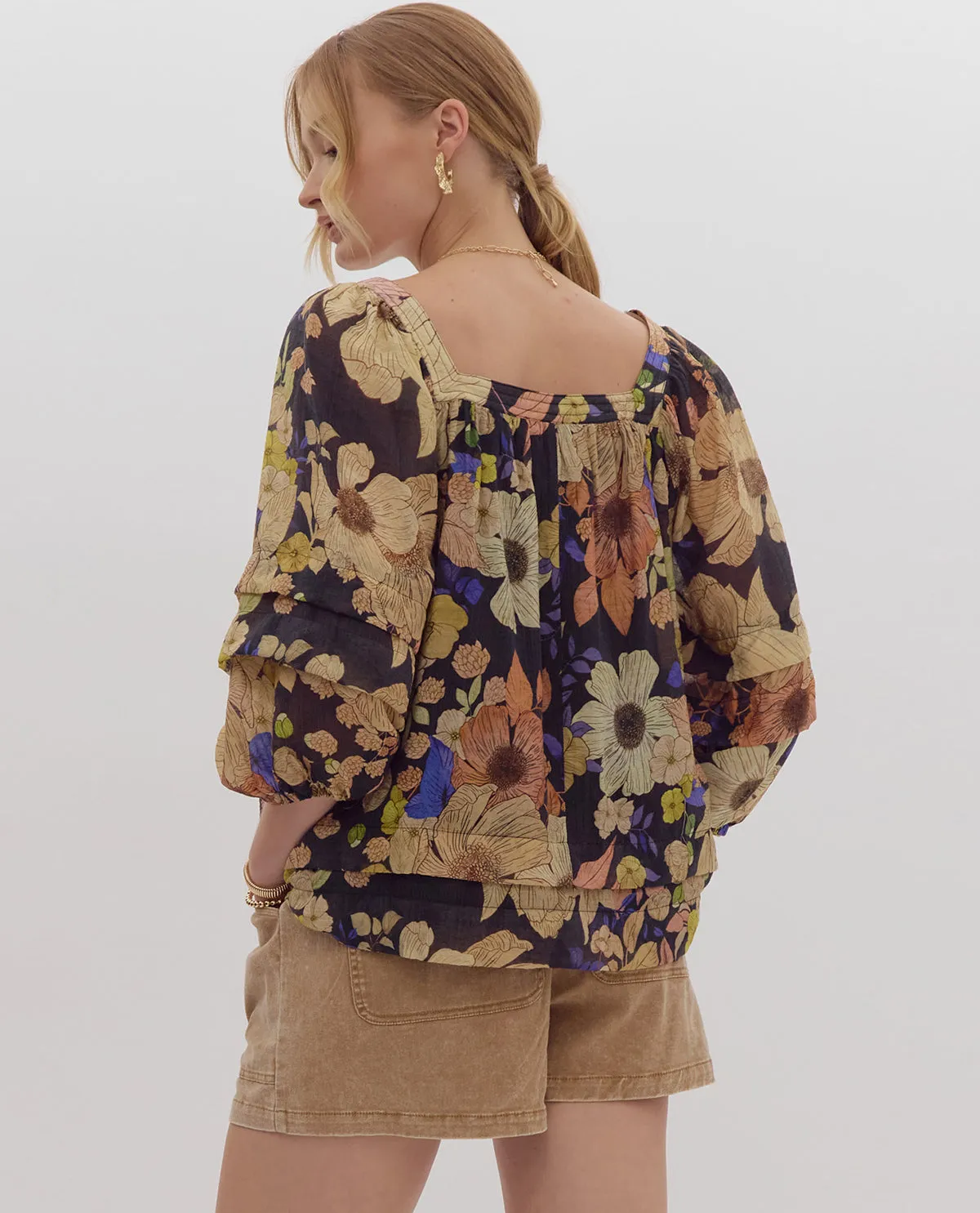 3/4 Sleeve Floral Print Blouse