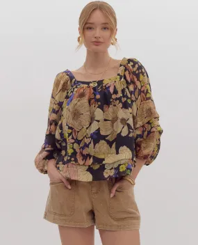 3/4 Sleeve Floral Print Blouse