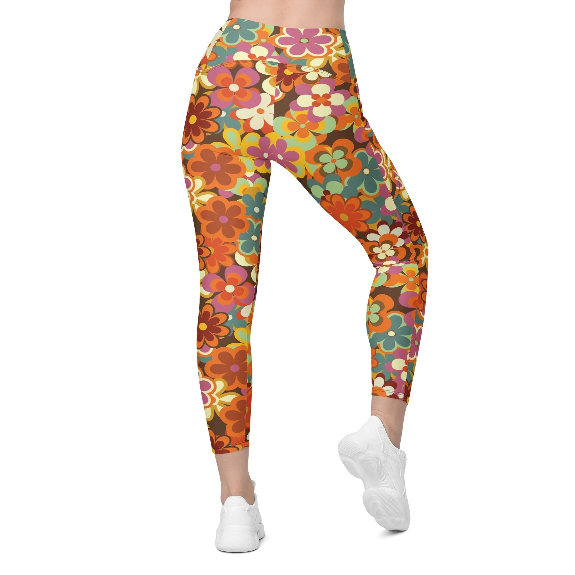 70s Flower Pattern Crossover Leggings With Pockets