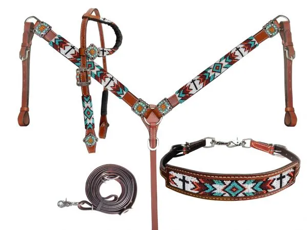 Beaded Cross Southwest 4 Piece Headstall Set