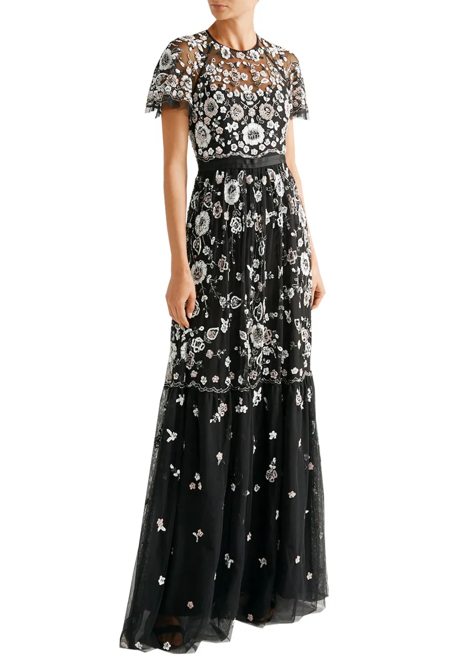 Black Petal Floral Embellished Gown (UK 12)