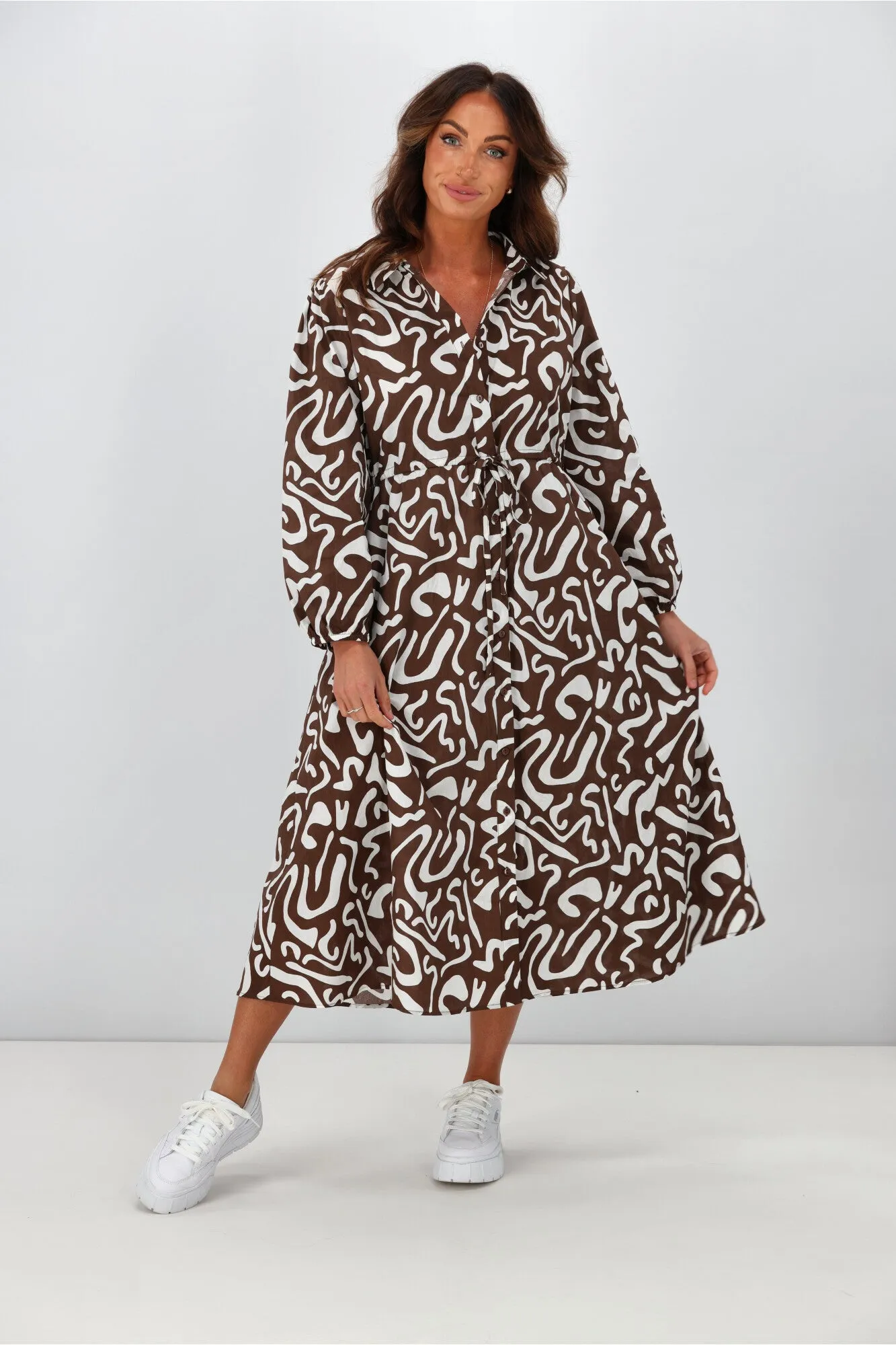 Boho Australia Cline Midi Dress Brown White