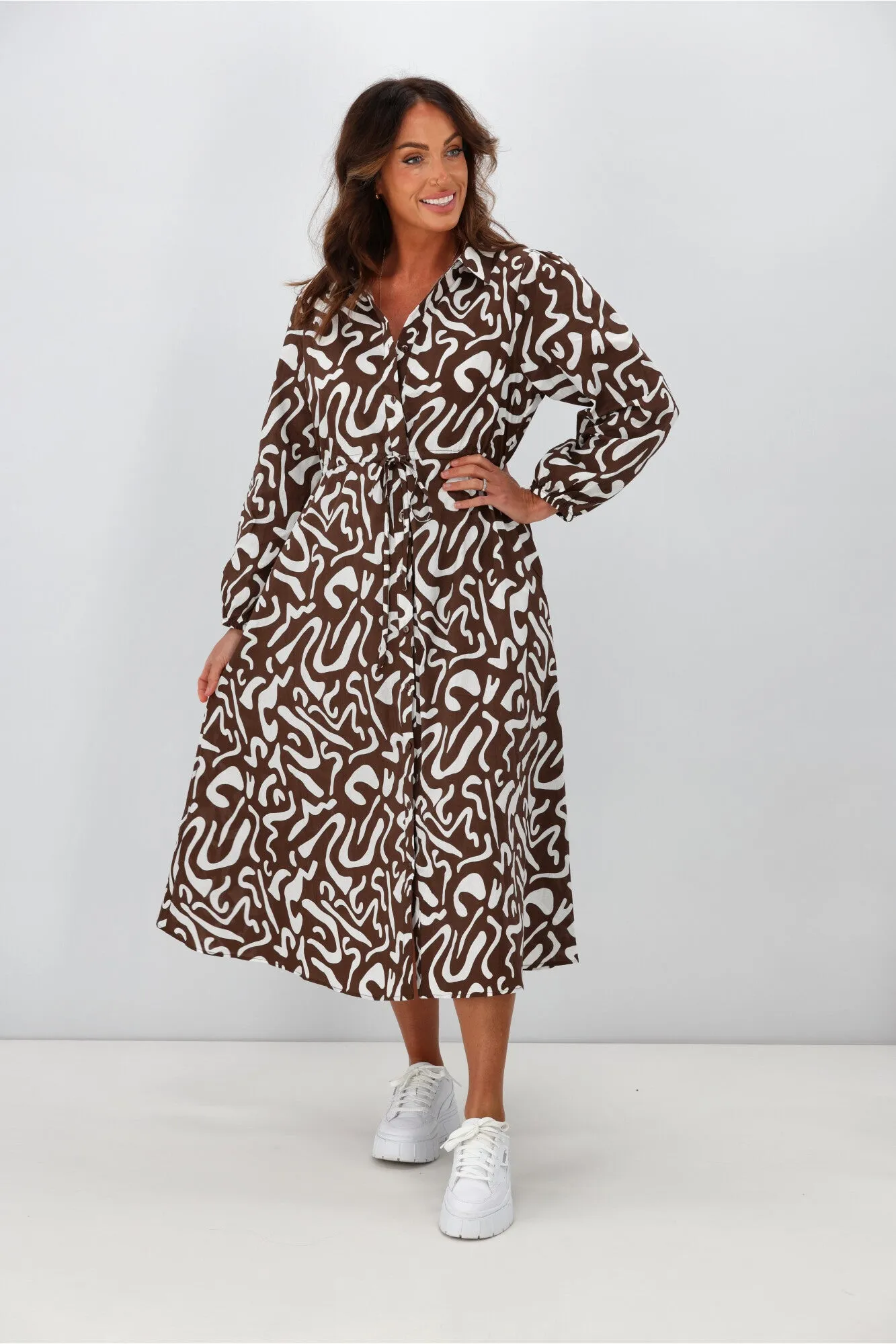 Boho Australia Cline Midi Dress Brown White