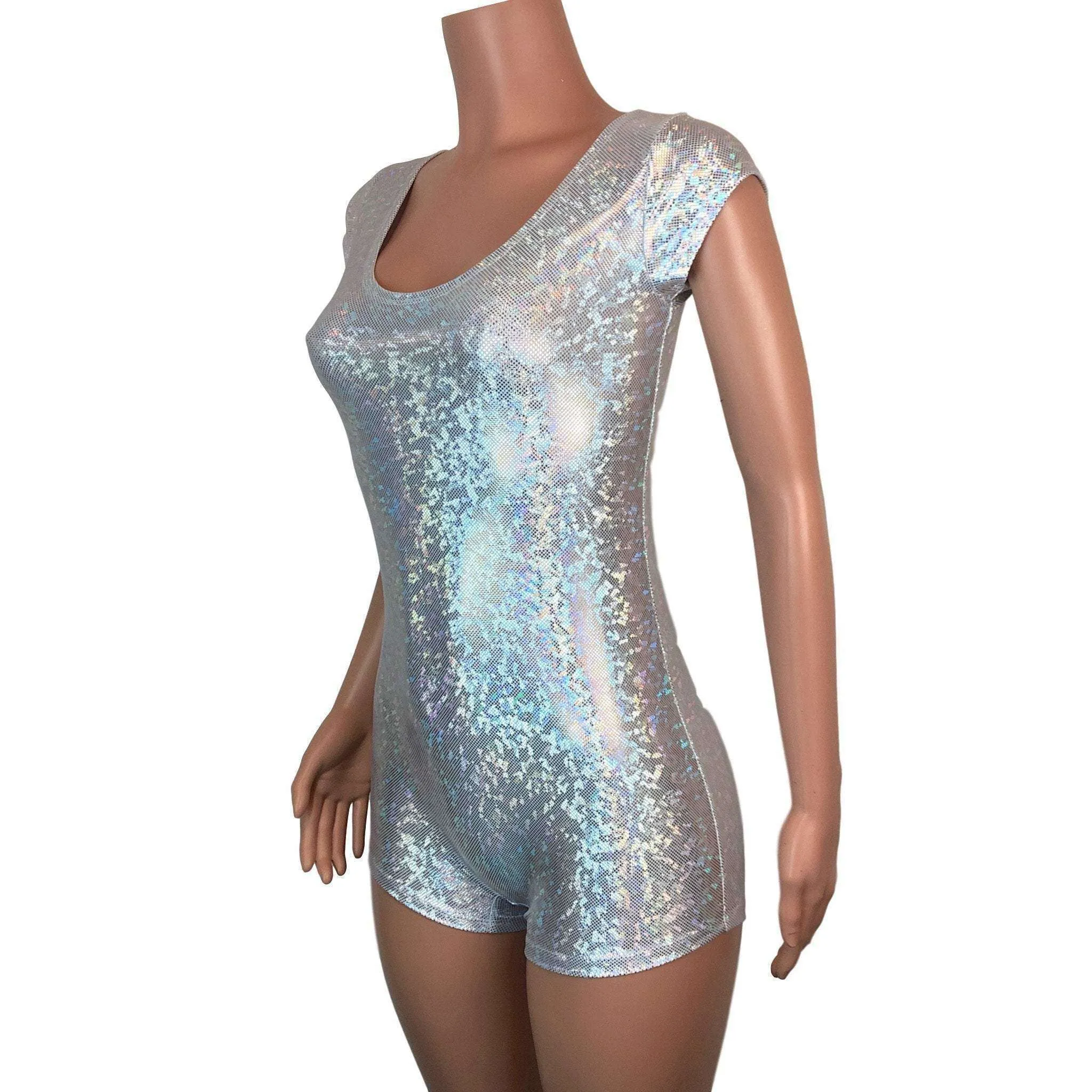 Cap Sleeve Romper - Silver Holographic Shattered Glass