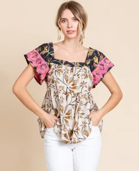 Contrast Print Babydoll Top