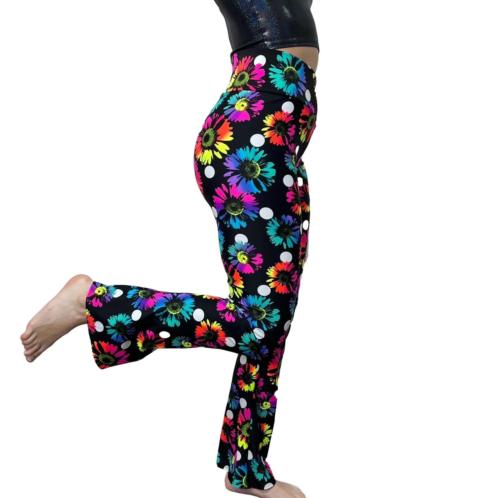 Crossover V-Waist Bootcut Flare Pants - Polka Dot Electric Daisy Print