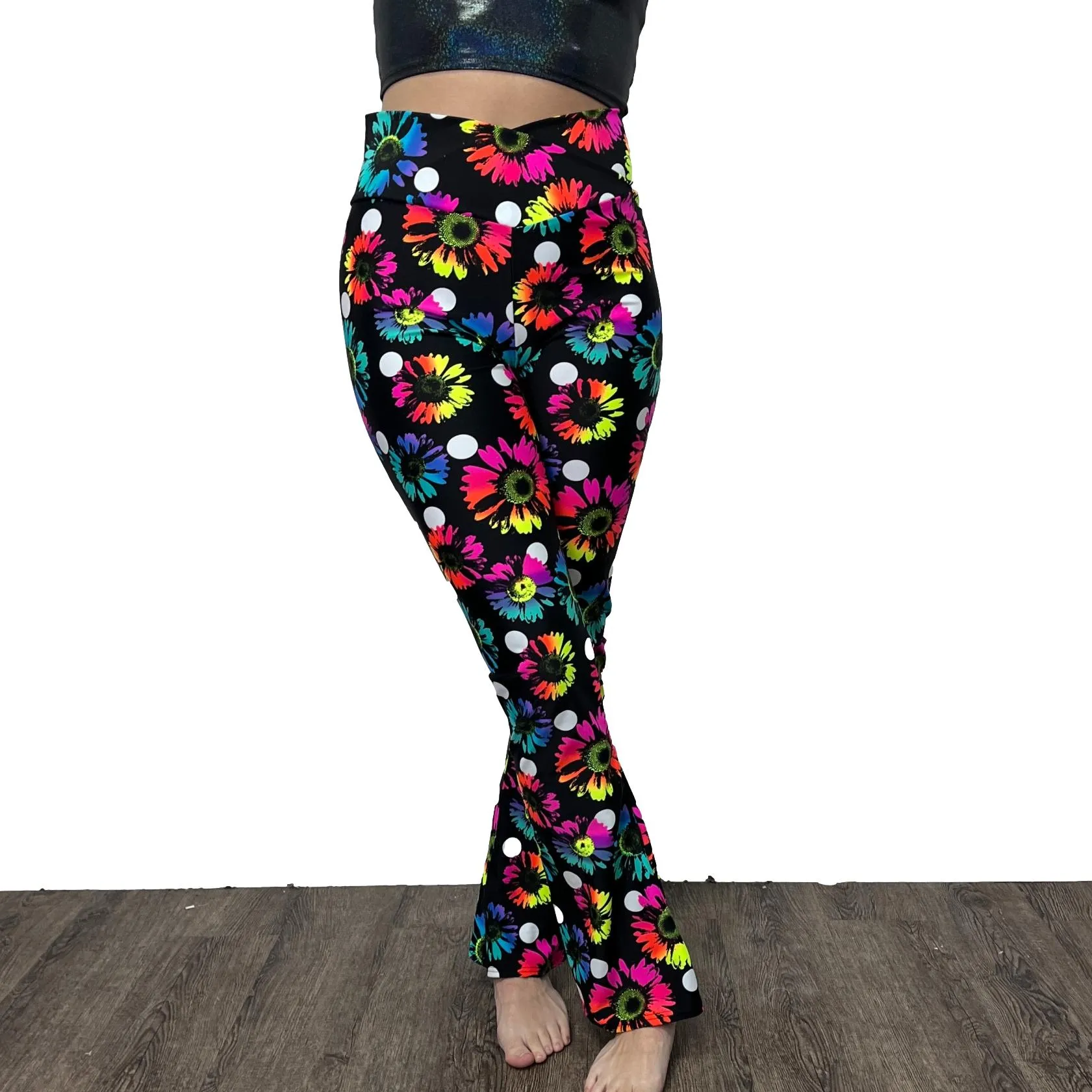 Crossover V-Waist Bootcut Flare Pants - Polka Dot Electric Daisy Print