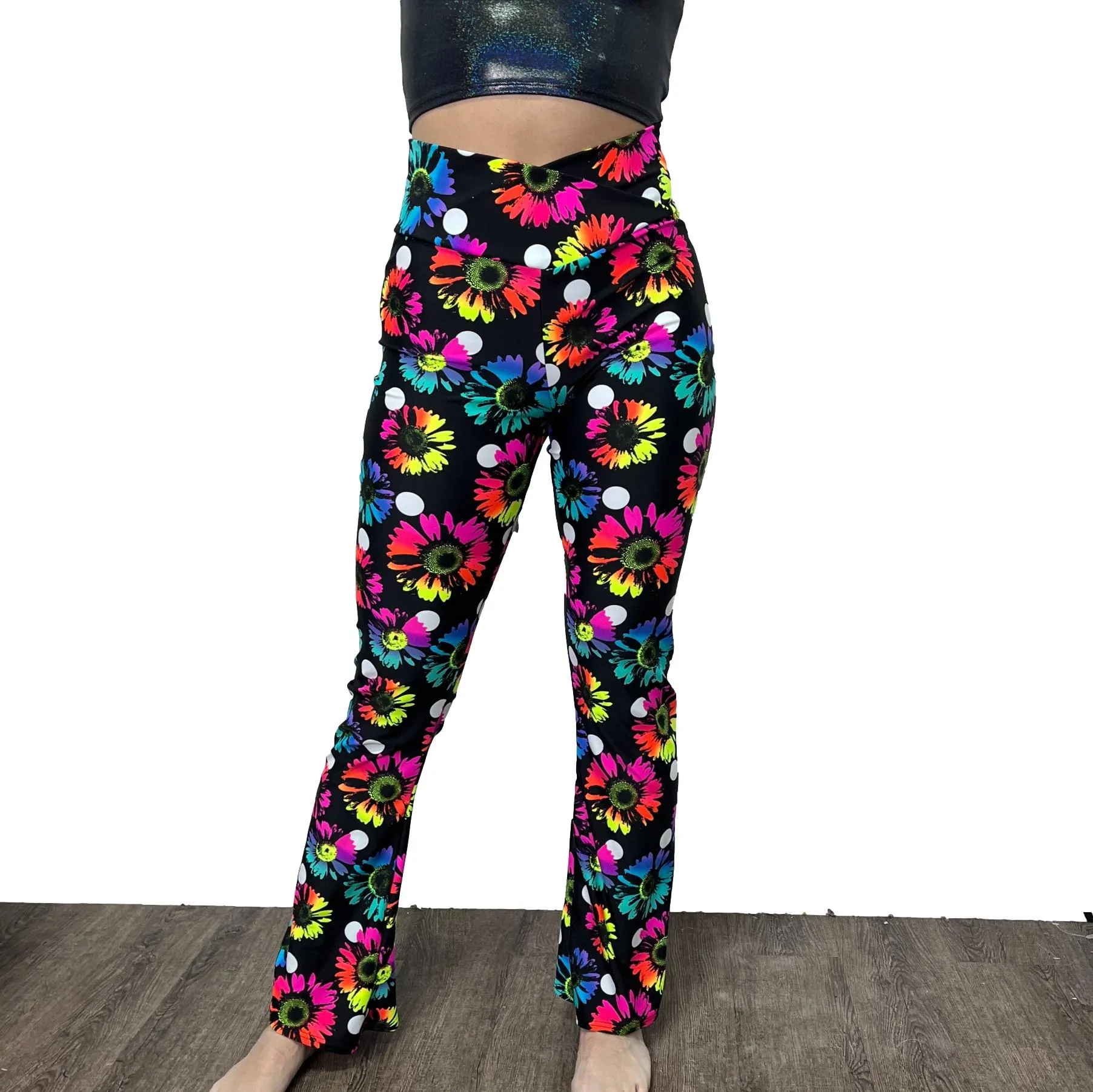 Crossover V-Waist Bootcut Flare Pants - Polka Dot Electric Daisy Print