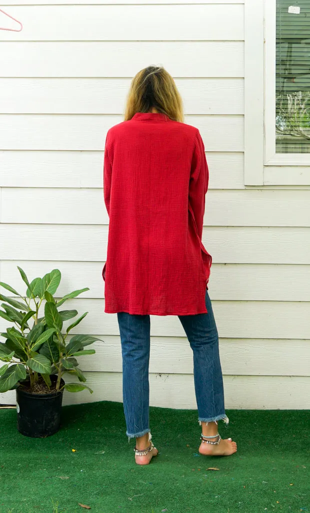 Dark Red Soft Double Gauze Cotton Shirtdress with Pockets