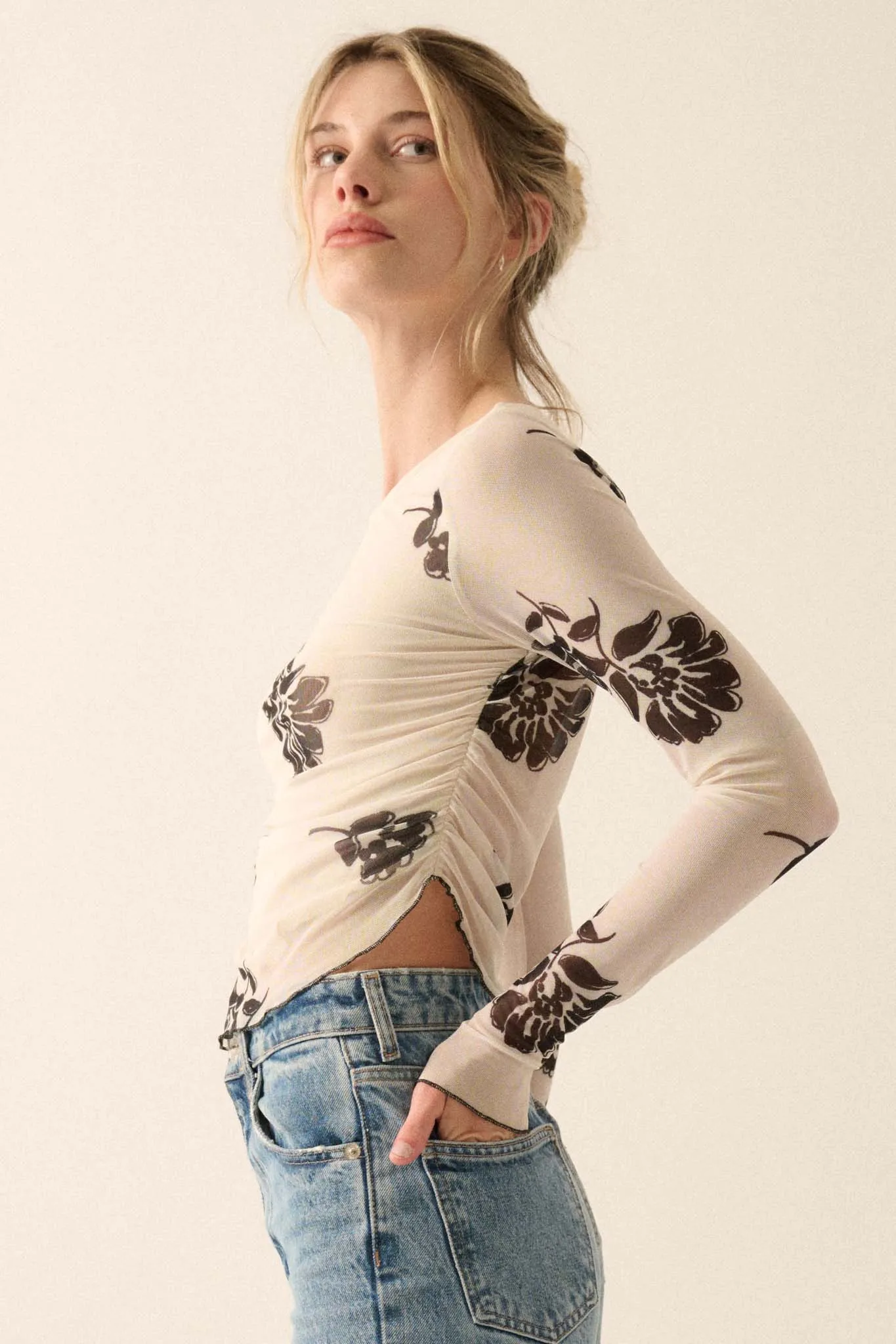 Deco Garden Floral Mesh Ruched Asymmetrical Top