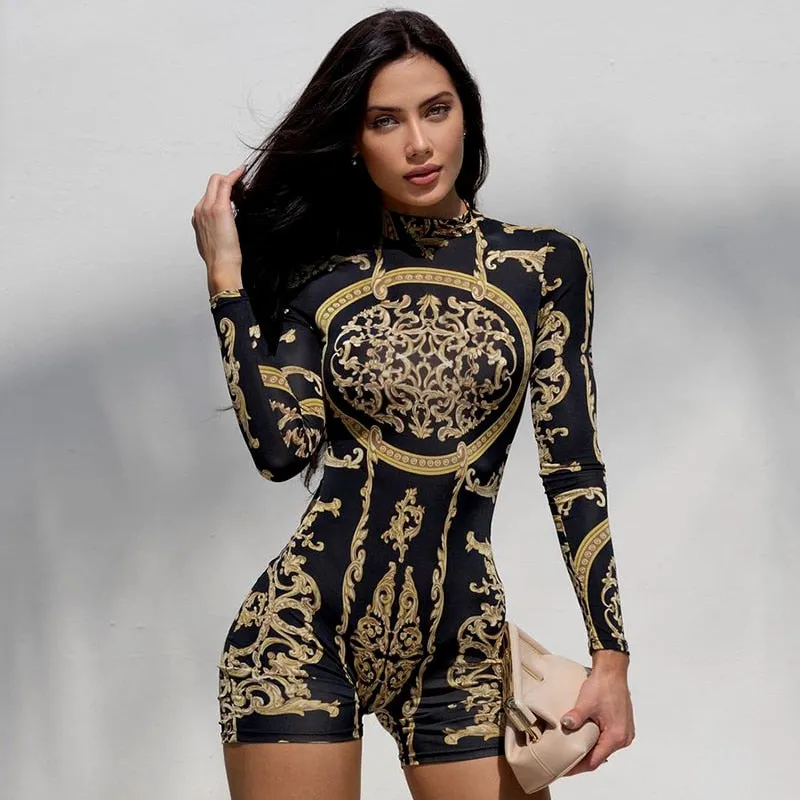 DressBetty - Classical Print O Neck Long Sleeve Romper