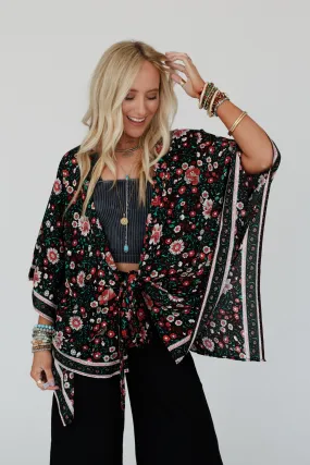 Flower Daze Front Tie Kimono - Black