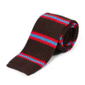 Knitted Tie - Stripe Brown, Red & Blue