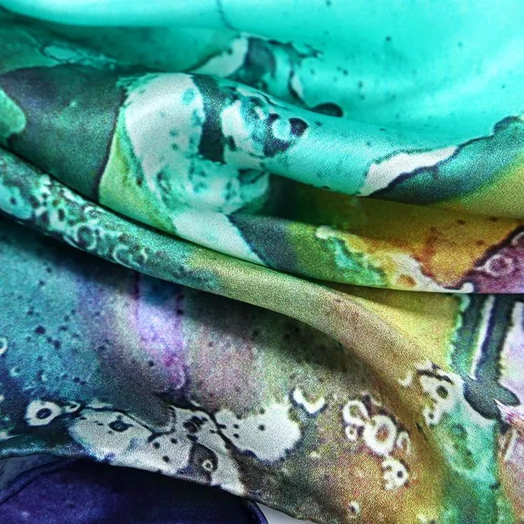 Large Square Charmeuse Silk Scarf Turquoise and Purple Floral Print DFJ034