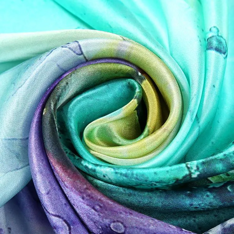 Large Square Charmeuse Silk Scarf Turquoise and Purple Floral Print DFJ034