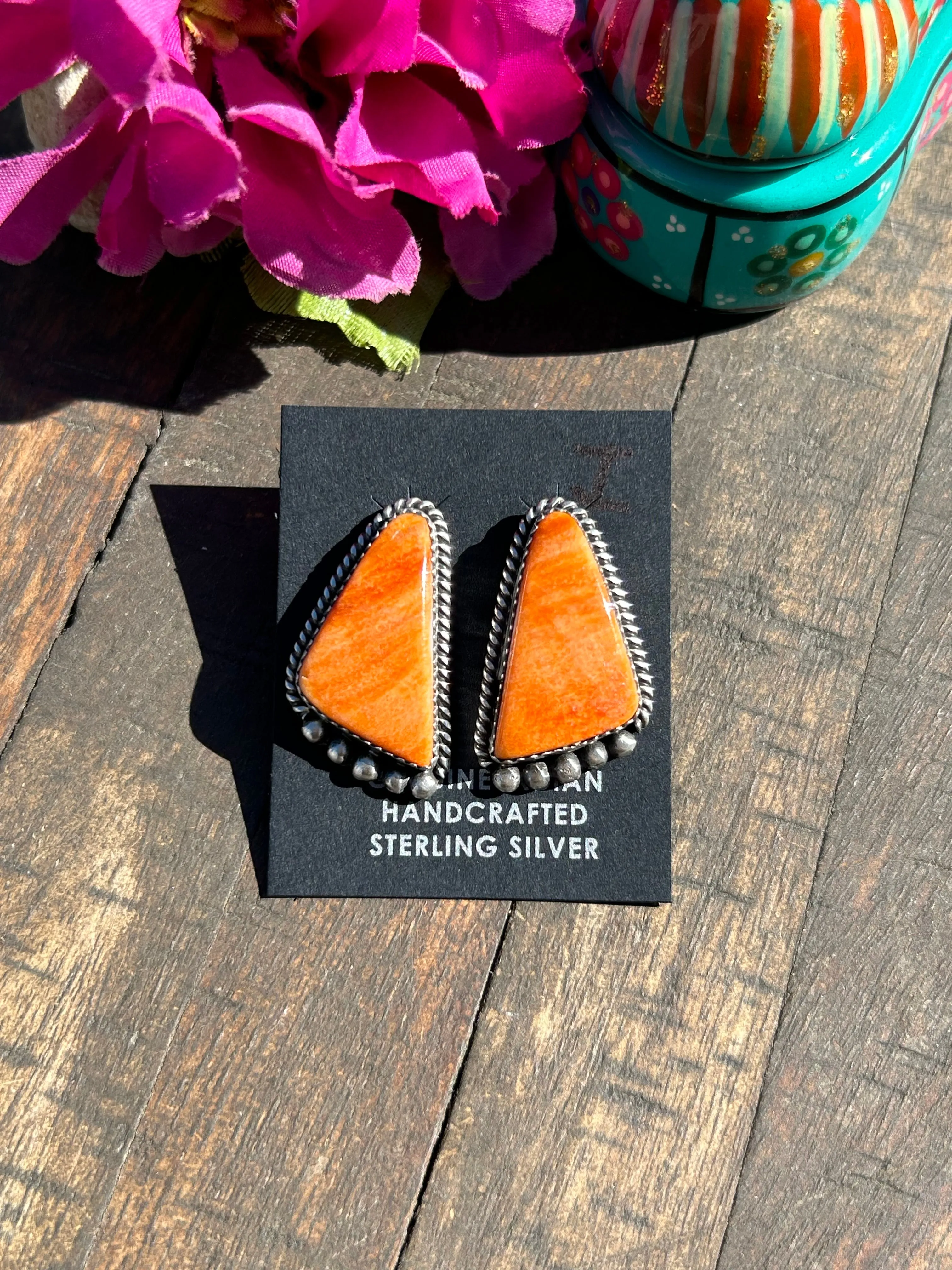 Orange Spiny Single Stone Earrings- I