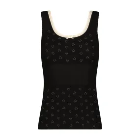 Polkadot Black VIntage Hearts CHARLOTTE TANK w Ecru Cluny Lace