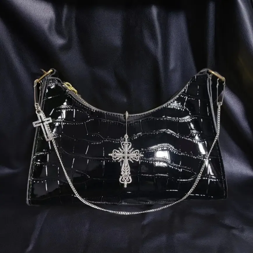 Punk Gothic Y2k High Street Cross Chains Crocodile Pattern Green Underarm Bag